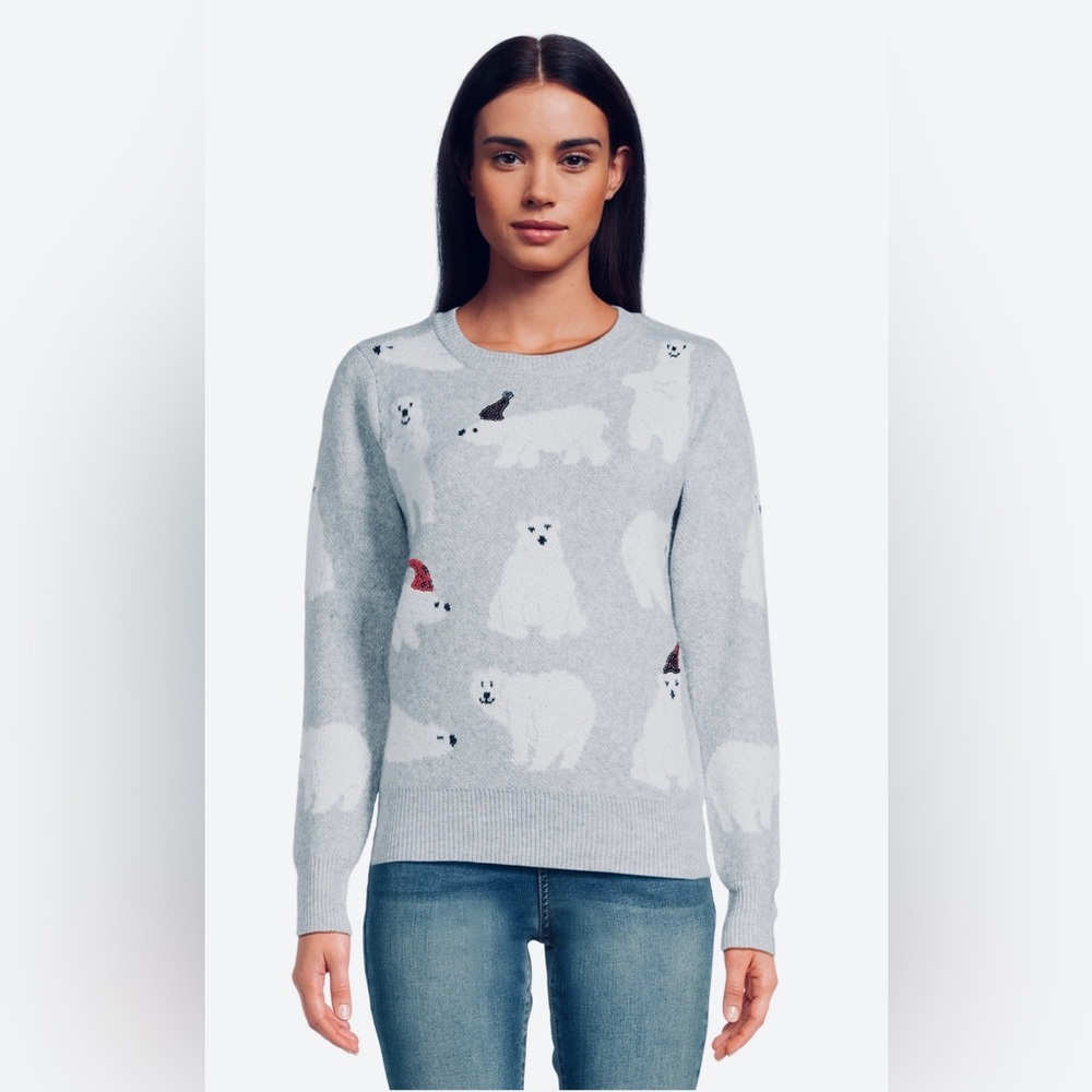 Holiday Time Polar Bears Sweater, Sz. M, Gray w/ White Bears/Red Hats, Sequins
